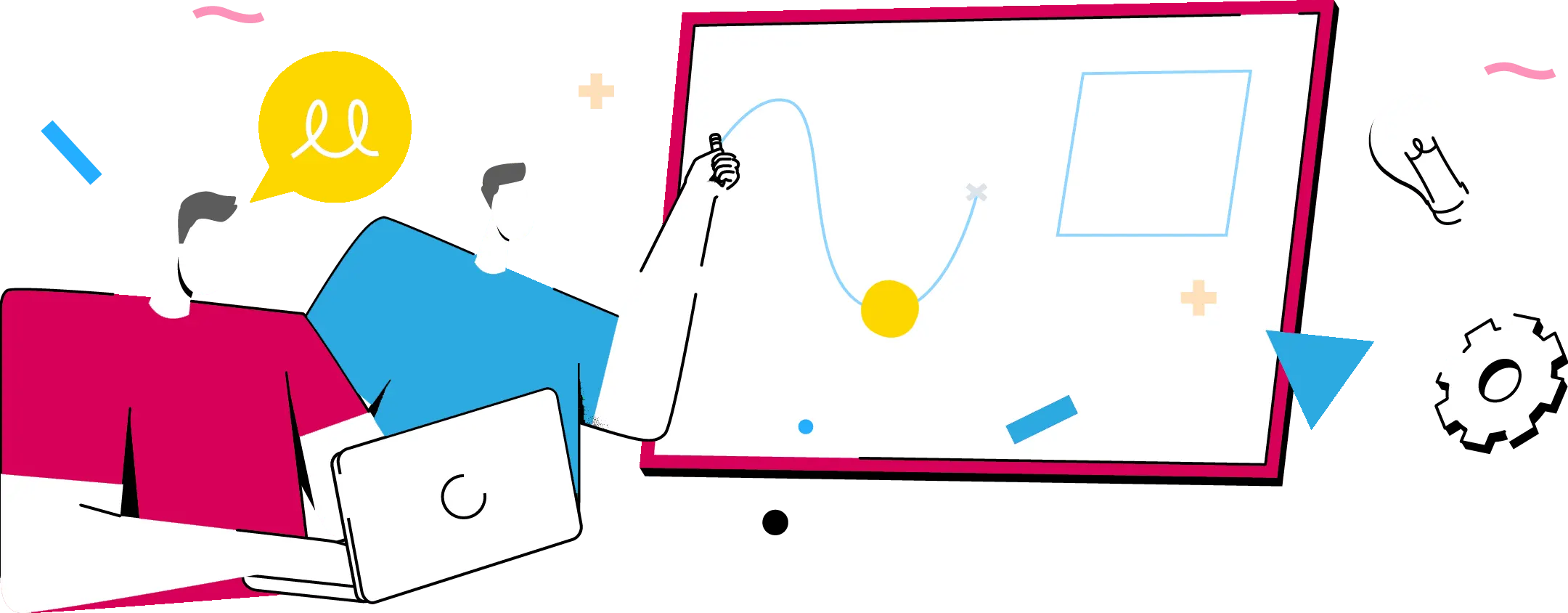 Dos personas colaborando en un proyecto creativo, utilizando herramientas digitales y analógicas.